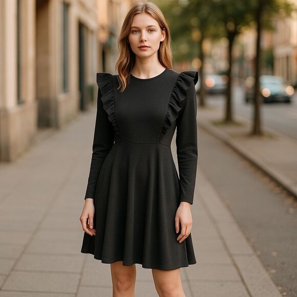 GORLYA Girl's Flutter Sleeve Stretchy A-Line Skater Dress Black Size 14Y Zip - Picture 1 of 7